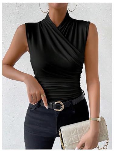 SweatyRocks Women's Ruched Wrap Mock Neck Tank Tops Casual Sleeveless Solid Slim Fit Tank Top3