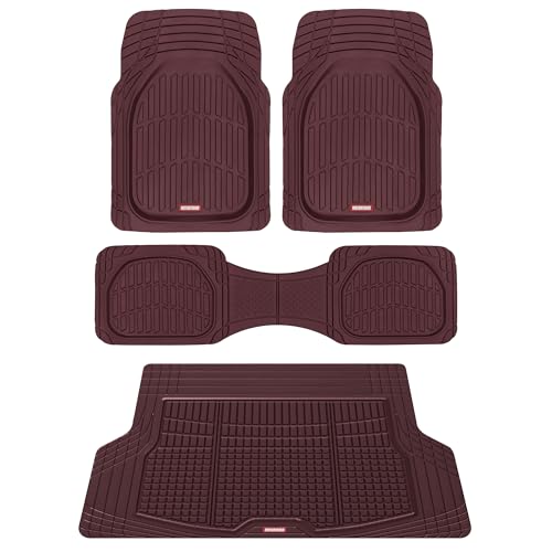 Motor Trend FlexTough Contour Liners Deep Dish 3 pc Rubber Floor Mats & Trimmable Trunk Liner Cargo Mat - Heavy Duty All Weather Protection Car Mats with Traction Grips Car Accessories (Burgundy)