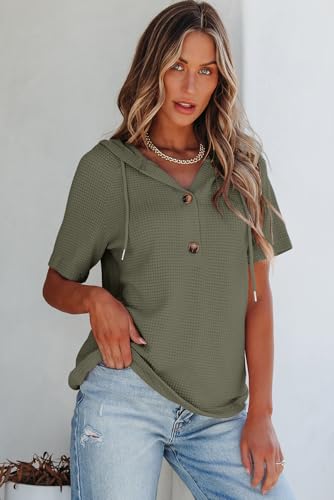 Image of Dokotoo Womens Summer Tops Waffle Knit Short Sleeve Lightweight Drawstring Hoodies Button V Neck Casual Blouses Shirts