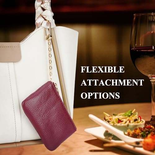 Image of Full Grain Leather Coin Purse with Key Chain - Small Change Purse Keychain Card Holder Keychain Pouch Small Keychain Wallet for Women and Men (Burgundy)