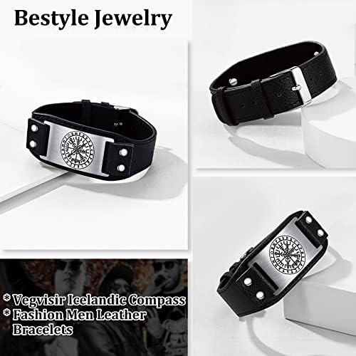 Bestyle Vintage Black Leather Bracelets for Men Women, Nordic Viking Totem Thor's Hammer/Celtic Knot/Wolf/Compass/Tree of Life Charm Bracelets -Gift Packed