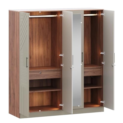 Image of Wakefit Tyrian Plus 4 Door with 4 Shelves 2 Drawers 2 Hanging Areas 1 Mirror SH2-Carcass: Columbian Walnut Shutter: Creamy Brown