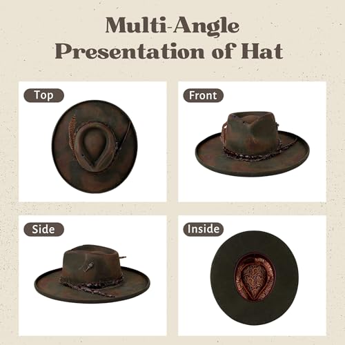 Image of RUEDIGER Vintage Pencil Brim Fedora Hats 100% Wool Felt Hat Panama Rancher Hat with Lightning Logo Handmade Distressed /Burned