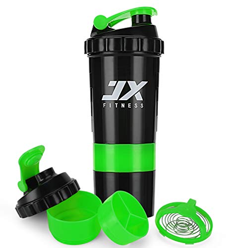 JX FITNESS Sports Protein Mixer Shaker Bottle- Leak Proof Sports Bottle- 16oz Shaker Cup with Measurement Mixing Grid- 5oz Split Twist Off Storage for Powder or Capsule- BPA Free (Green)