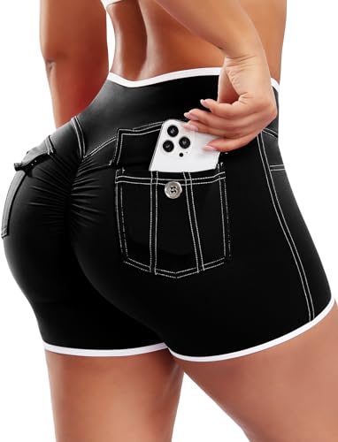 STARBILD Damen Sport Shorts mit Taschen, 4.5'' Cargo Workout Leggings Kurz V Cross Waist, Sporthose Kurze Push Up Booty ...