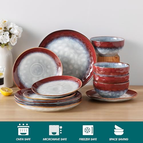 Image of vancasso Starry Dinnerware Set for 4, Handmade Reactive Glaze Stoneware 12 Pieces Plates and Bowls Sets, Dishwasher and Microwave Safe Dish Set, Red