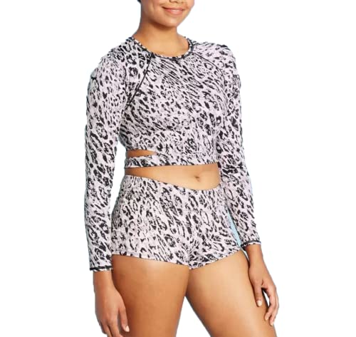 All in Motion Women's Long Sleeve Crewneck Tie Back Cropped Rash Guard - (Medium, Cream Animal Print)