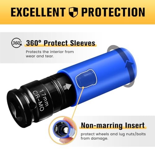 Image of BOEN 17mm 1 /2 inch Drive Wheel Protector Impact Socket, Non-Marring Lug Nut Thin Wall Deep Socket Set, Chrome-Molybdenum Steel, 6 Point, Color-Coded Protective Socket
