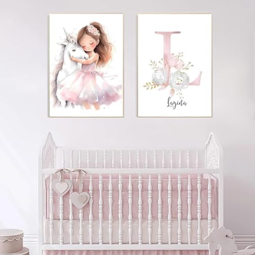2 Affiches Fille Prenom Personnalisé 30x40cm Tableau Decoration Murale Chambre Rose Toile Poster Bébé Enfant Cadeau SANS CADRE