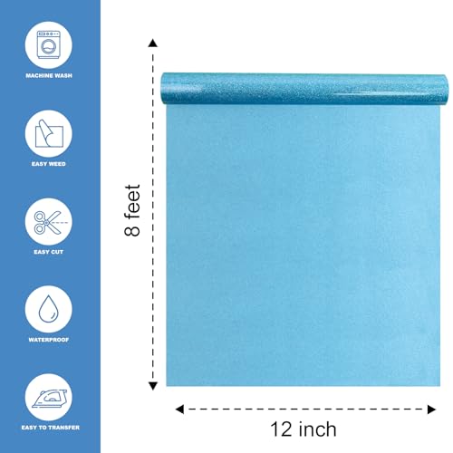 Image of Turquoise Blue Glitter Heat Transfer Vinyl 12 inch x 8 ft HTV for Shirts, Glitter HTV Iron on for All Cutter Machine - Easy to Cut & Weed for Heat Vinyl Design (Turquoise Blue)
