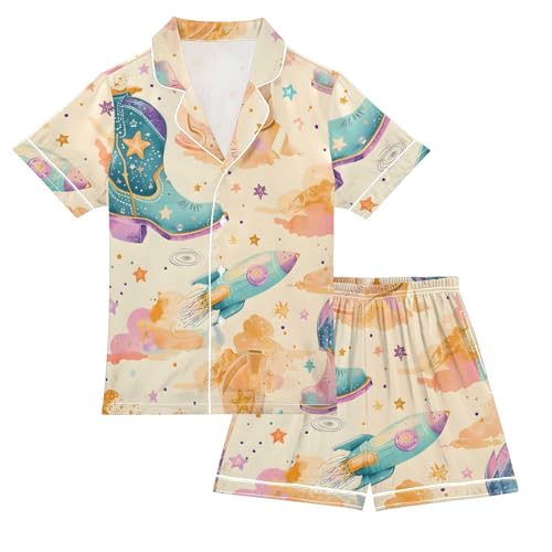 Satin Pajama Sets Short Sleeve Cowboy Boots with Stars Rockets Button Down Silky Nightwear 2 Piece PJS 5-14Y