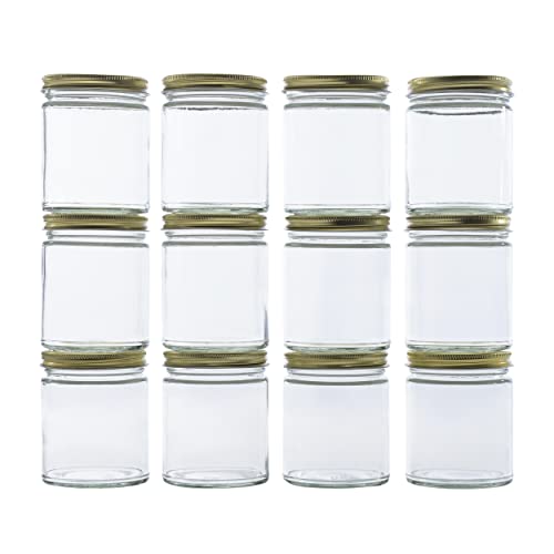 North Mountain Supply 9 Ounce Clear Glass Straight Sided Mason Canning Jars- With 70mm Gold Metal Lids - Case of 12