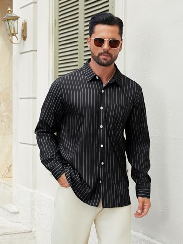Hardaddy Men's Striped Shirts Casual Button Down Long Sleeve Blouse for Men Fall Winter2