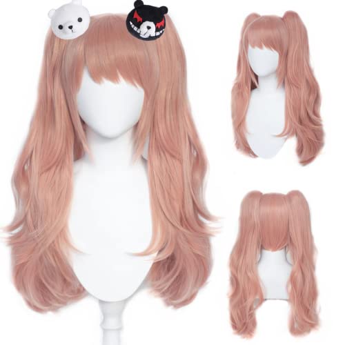 Liamiona Cosplay Wig Anime Pink Lolita Long Curly Wig With 2 Bears hair clips Halloween Party Synthetic Hair+ wig cap