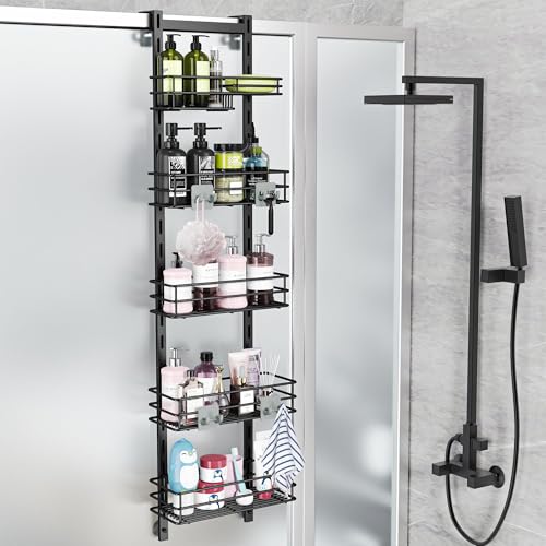 Orimade Over the Door Shower Caddy Adjustable 5 Tier Black Bathroom Hanging Organizer Shelf Rustproof with 4 Hooks Shower Basket with Soap Holder and Suction Cup