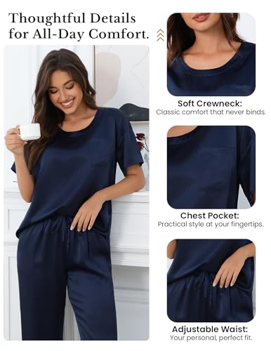 Image of THXSILK Mulberry Silk Womens Pajama Set with Pocket, 2 Piece Lounge Sets for Women, Short Sleeve Sleepwear