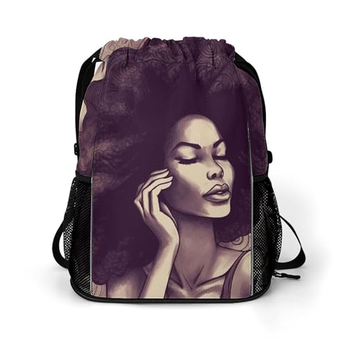 Drawstring Gym Backpack with Shoe Compartment And Wet Pocket, 28L Lightweight Waterproof African Hair Black Women Sports Backpack for Workout Swim Beach Travel String Bag for Men Women
