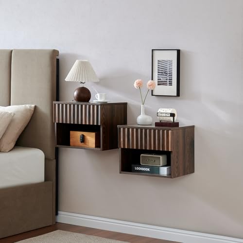 BuildHom Floating Nightstand with Fluted Drawer - Modern Wall Mounted Bedside Table with Open Storage Shelf, Small Night Stand TV Stand for Bedroom(Walnut, Set of 2)