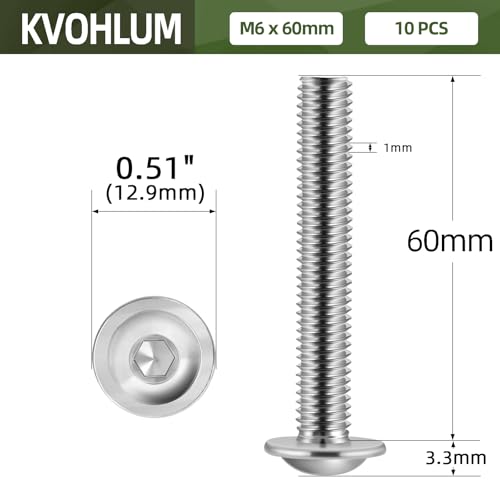 Image of M6-1.0 x 60mm 10 PCS Flanged Button Head Socket Cap Bolts Screws, Stainless Steel 304, Allen Socket Drive, Screwdriver Bit Included, Bright Finish, Fully Machine Thread