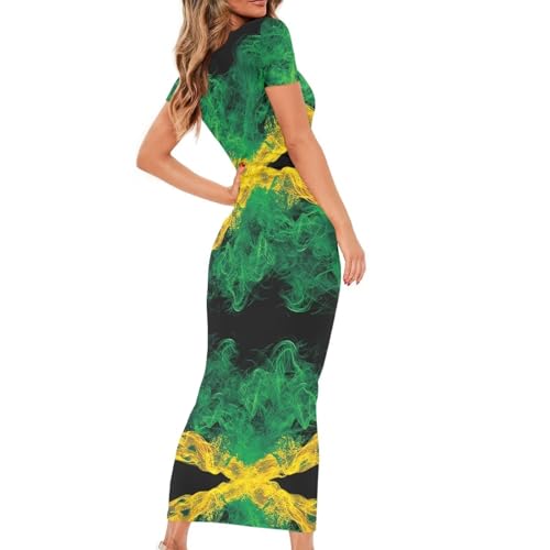 Image of Womens Short Sleeve Jamaican Flag Midi Bodycon Dress | Soft stretchy fabric,crew neck,jamaican print casual date night cocktail party, elegant chic, spring summer fall all season