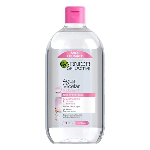 Garnier Skin Active, Agua Micelar Clásica Todo en Uno, Desmaquillante, Limpiador Facial, Limpia Rostro, Labios y Ojos, Sin Aclarado, para Todo Tipo de Pieles, Formato Maxi, 700 ml