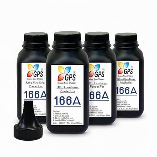 GPS Colour Your Dreams 166A Toner Powder Refill | Ultra Fine Black Toner for HP W1660A Laser Printer Cartridge | Compatible with HP 1008a, 1008w, 1188a, 1188w, 1188fnw Printers (80g) (166A Bottle - 4)