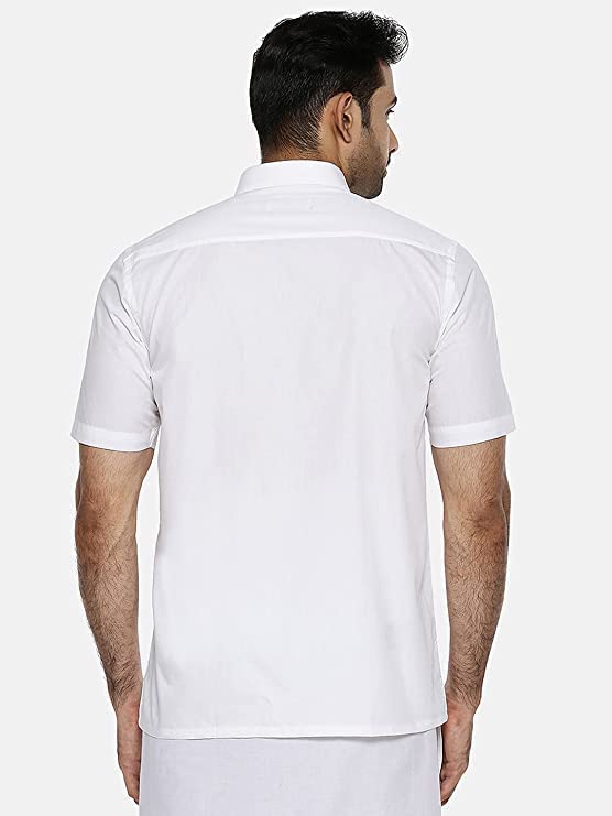Image of RAMRAJ COTTON Men White Half Sleeve Shirt Crafted For Comfort| Durability| And Timeless Everyday Style