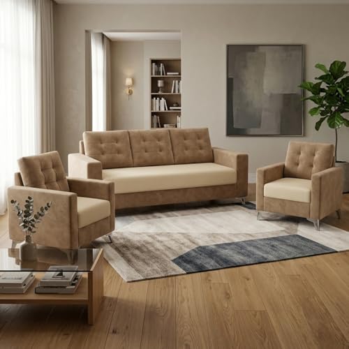 Image of Hakuna Plush Velvet 3 Seater + 1 Seater + 1 Seater Sofa Set | Silken Velvet Upholstery | Golden Legs | Designer Set for Living Room & Office Spaces (Beige-Cream)