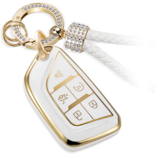 Image of for Cadillac Key Fob Cover with Luxury Diamond Bling Braided Keychain, Upgraded Soft Case for 2020-Up CT4 CT5 CT6 XTS XT4 XT5 ATS etc.(5 Buttons) Fob Shell (Gold,B1)