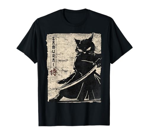 Vintage Samurai Ninja Cat arte giapponese Anime retrò estetica Maglietta