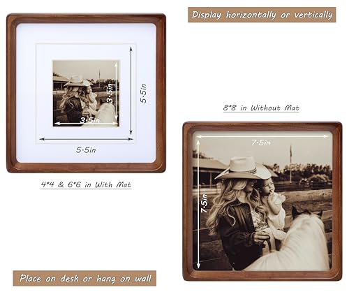 Image of Square 8x8 Picture Frame with Mat for 4x4 /6x6, USA-Sourced Natural Walnut Wood Handcrafted Rounded Corner with Real Glass, Vertical or Horizontal Display Photo Gallery Wall & Tabletop Frame
