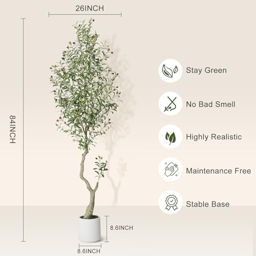 GarveeHome Faux Olive Tree 7ft, Olive Trees Artificial Indoor with White Planter, Artificial Silk Plants with Green Leaves and Big Fruits for Home Office DéCor Living Room Bedroom Stairs Foyer,2 Pack
