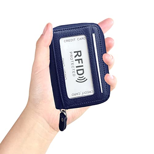 Image of RFID Blocking Genuine Leather Credit Card Case Holder Security Travel Wallet - Navy Blue