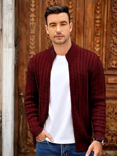 Image of TYSORT Men's Cotton Full Sleeve High Neck Full Zipper Sweater for Men, Cable Knitted Cardigan for Men