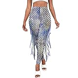 CEWIFO Disfraz de sirena para mujer, leggings brillantes con estampado de escamas de pescado de tul, pantalones de carnaval, #03-azul, S