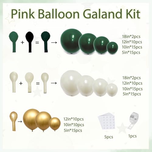 Image of Blocesa Emerald Green White Gold Balloon Arch Kit, Double Stuffed Dark Green Balloons Hunter Forest Green Chrome Gold Pearl White Sand Ivory Balloons for Wedding Birthday jungle Safari Party Decor