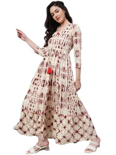 Image of Daevish Women's New Rayon Printed Tie-up Waist V Neck Flared Maxi Dress | Women Flared Dress