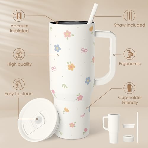 Image of Floral 40oz Slider Tumbler with Handle and Straw - Insulated Stainless Steel Travel Coffee Mug for Women Girls, Gift for Birthday Christmas