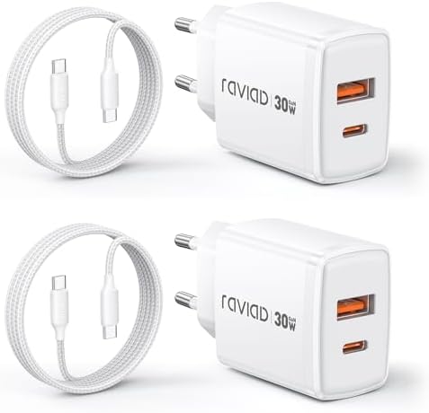 RAVIAD 30W USB C Ladegerät 2-Stück GaN Schnellladegerät mit 60W Kabel 3M | 2-Port Mehrfach Netzteil USB C+USB A mit Schnellladekabel USB C auf USB C für iPhone 17 16 15 Pro Max, Ma