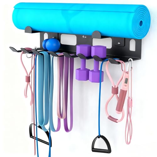 Gym Storage Organizer, Heavy Duty Wall Mount Rack for Resistance Bands, Yoga Mats, Jump Ropes | Multi-Purpose Sports Equipment Holder for Home Gym Organization by QREIHLPY - Used condition - CA$34.79