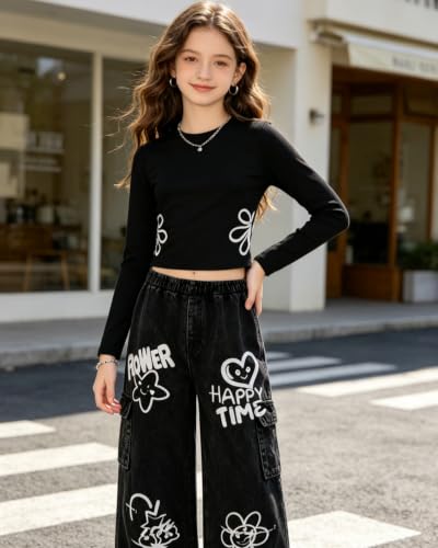 Image of Tween Girls Clothes 2 Piece Long Sleeve Top + Denim Cargo Pants, Teen Girls Fall Clothing Set, Sizes 7-16 Years