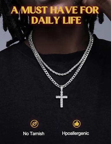 925 Sterling Silver Cross Necklace Men - CZ Cross Pendant Layered Necklaces Waterproof Stainless Steel Cuban Link Rope Chain Silver Necklace Stack Jewelry with Gift Box 16-30 Inches2