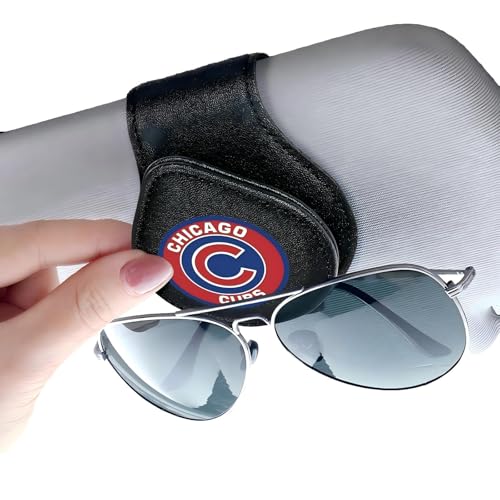 ARGUFI for MLB Chicago Cubs Car Visor Sunglass Holder - Black Leather Eyeglass Case with Team Logo, Clip-On Sun Visor Organizer for Auto Interior, Chicago Cubs Gifts
