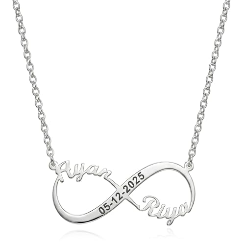 Image of TRUESILVER ACPL Personalised 925 Sterling Silver Name Necklace for Women | Customized Infinity Couple Name With Date Pendant for Girls | Custom Jewellery Gift for Wife, Anniversary