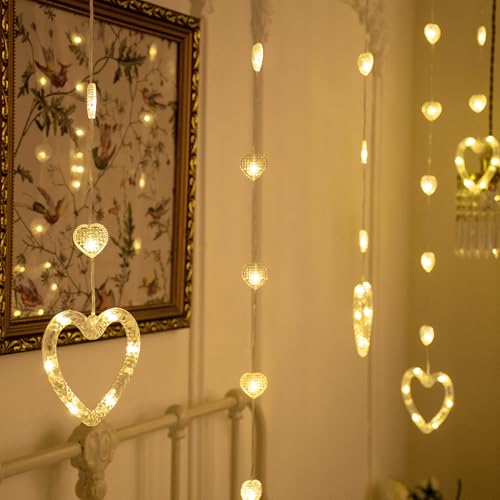 YOLIGHT Heart Curtain Lights, 9.8ft Valentine's Day Window Lights, USB Plug LED Hearts String Lights, Light up Heart Hanging Lights for Valentines Mother's Day Room Decoration (Warm White)