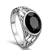 Edelstein 925 Sterling Silber Handgefertigter Retro-Ring mit Ast- und Blattgravur: Schwarzer Nanolith Oval-Schliff, Schmuck für Herren & Damen, Geschenk für Hochzeit & Geburtstag (US8-12)