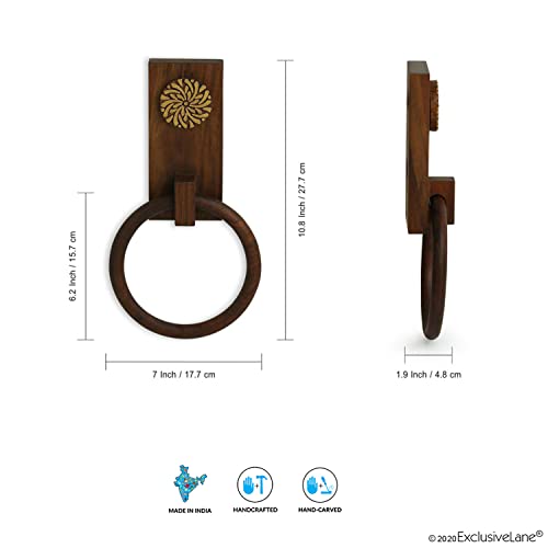 Image of ExclusiveLane 'Floral Block' Hand Carved Towel Ring Holder in Sheesham Wood - Kitchen Towel Holder for Kitchen Face & Hand Towel Stand Hangers Bathroom Towel Ring for Wash Basin Bedroom Wall Decor