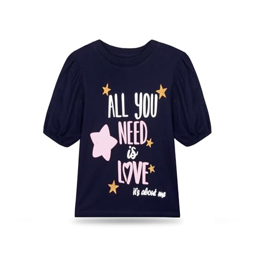 Image of T2F Girls Cotton Printed Regular Fit Puff Sleeve T-Shirt (Pack of 5)