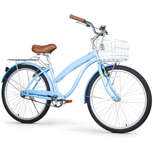 Image of WEIZE Beach Cruiser Bike, 24 & 26 inch Commuter Bicycle for Adult Men and Women,High-Carbon Steel /Front & Rear Fenders, Comfortable City Bikes with Rear Rack or Basket, Ergonomic Upright Design