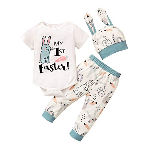 Infant Baby Boy Girl Easter Rabbit Print Short Sleeve Romper Bodysuit + Pants+Cartoon Ear Hat Outfits 3 PCS Clothes Sets White